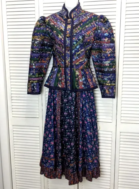Elena Pelevina Russian Vintage 80s Quilted Jacket & Skirt Cotton Silk Folk Med