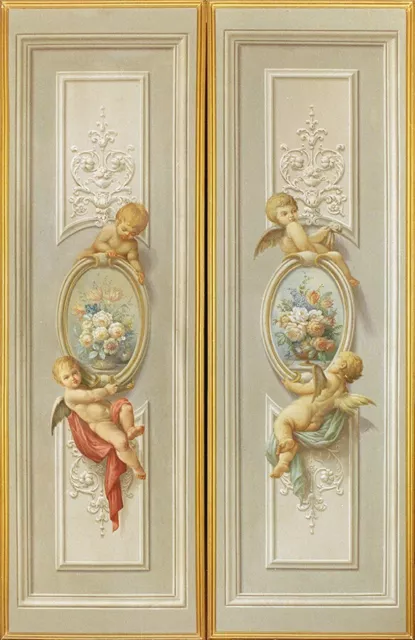 Coppia dipinti olio e tempera su tela. Pannelli decorati con putti e fiori 