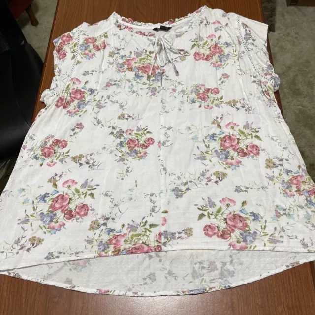 Buffalo David Bitton Top Womens Large White Pink Blue Floral DrawstringPull-Over