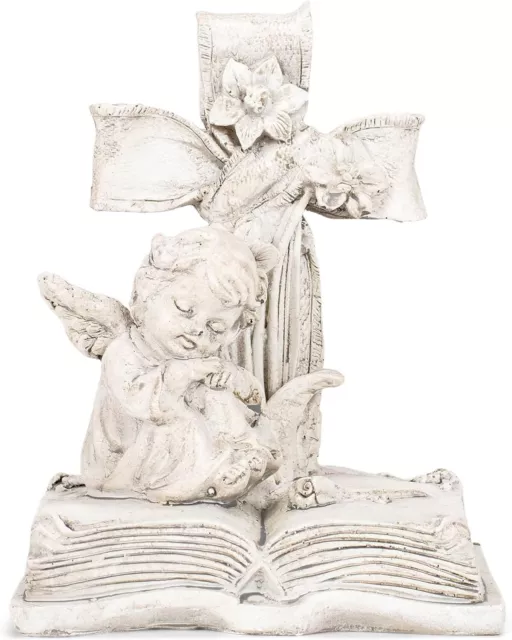 Napco Cross with Cherub on Book 5.25 Inch Tall Distressed White Resin Garden