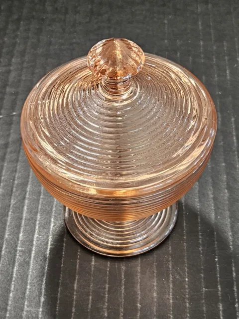 Vintage Indiana Glass PinK Depression Glass Spiral Covered Sugar/Candy Dish USA