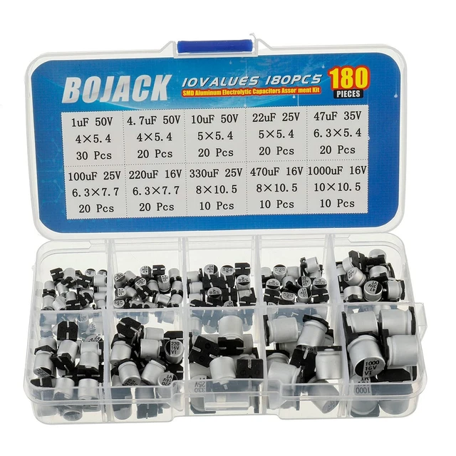 10 Values 180 Pcs 1uF 1000uF SMD Aluminum Electrolytic Capacitors Assortment Kit