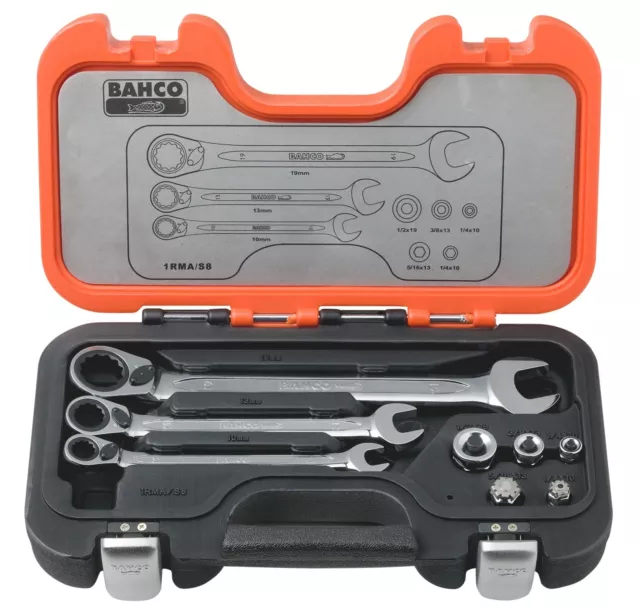 BAHCO 8 Piece Ratcheting Combination Wrench Spanner & Socket Adaptors, 1RMA/S8