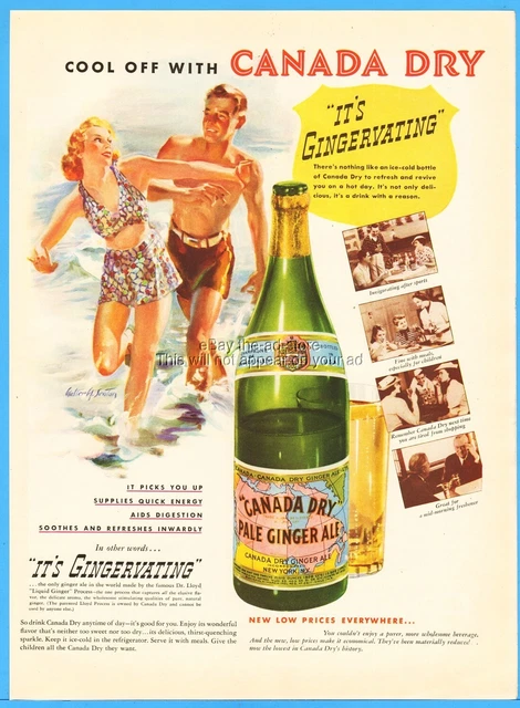 1937 Canada Dry Ginger Ale Couple at Beach Walter Seaton Art Kitchen Décor Ad