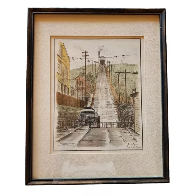 June A. Isaac Lithograph Print Cincinnati OH Fairview Incline Signed 11-72