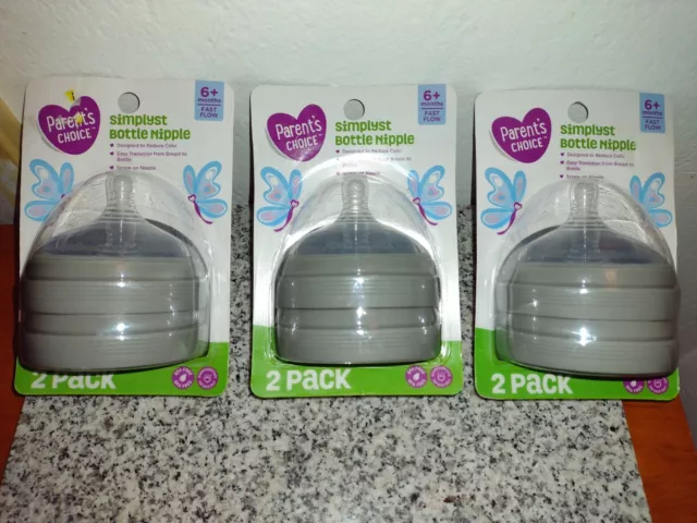 3 Packs of Parents Choice Simplyst Bottle Nipples, 2 in Pack,Fast Flow,6+ Months