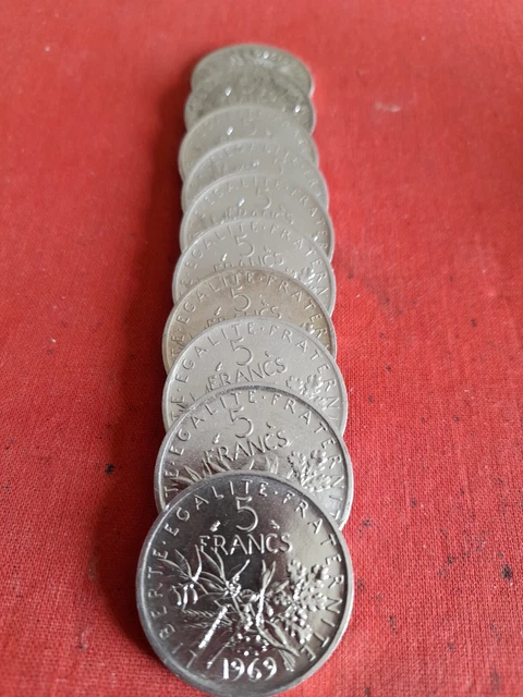 Lot de 10 Pièces 5 Francs Semeuse en Argent Serie Complète 1960 à 1969 TTB