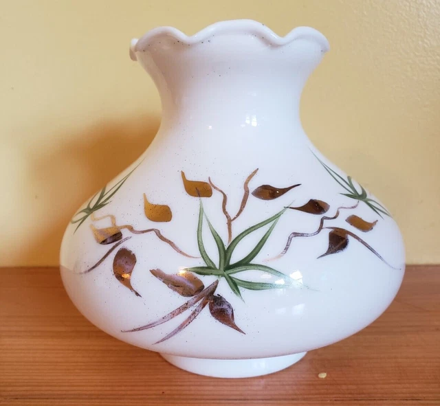 Vintage Hand-Painted Hurricane Lamp Shade Ruffle Top White Milk Glass 3" Fitter