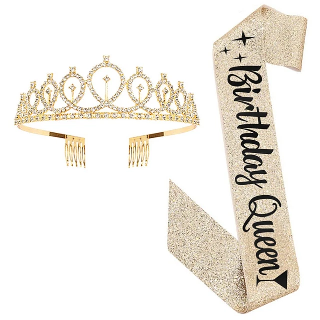 Couronne Et Écharpe Anniversaire - Kit Reine Birthday Queen Cristal Et Satin Doré