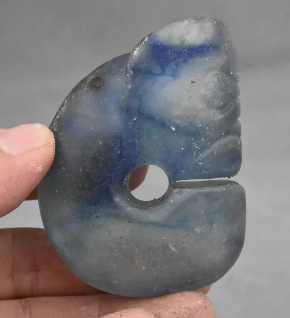 2.8" Old Chinese Hongshan Culture Blue Crystal Carved Pig Dragon Amulet Pendant