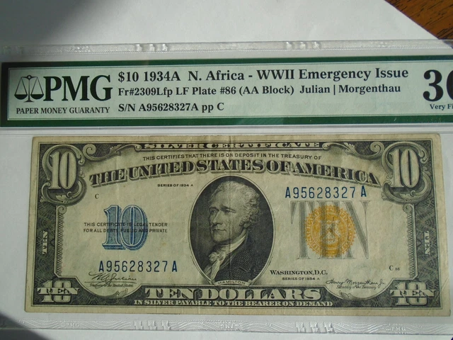 1934A $10 N. Africa-WWII Emergency Issue ((Yellow)) Seal PMG 30 Fr.# 2309Lfp 86
