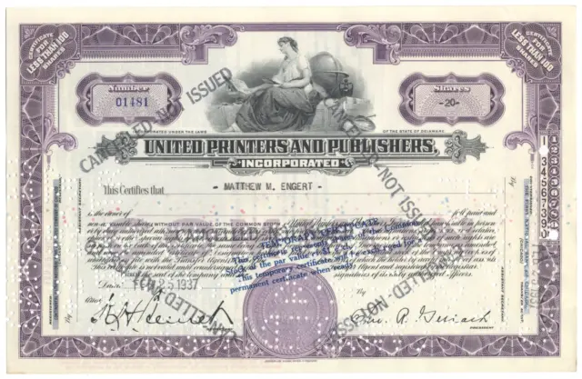United Printers and Publishers Stock Certificate (Greeting Cards, Dated 1930's)