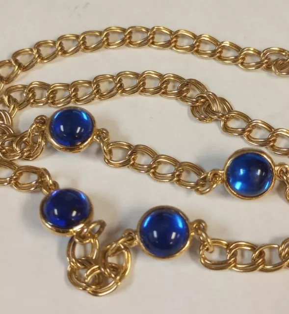 Vintage Gripoix Glass Royal Blue Station Necklace Gold Tone Double Link Chain