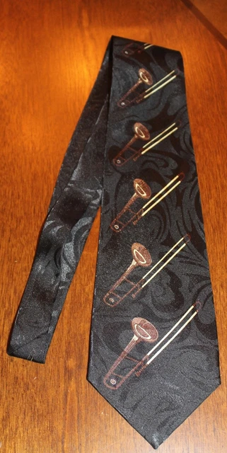 Lot's Of Trombones On A Brand New Black 100% Polyester Neck Tie! Lot's Of Trombones On A Brand New Black 100% Polyester Neck Tie!