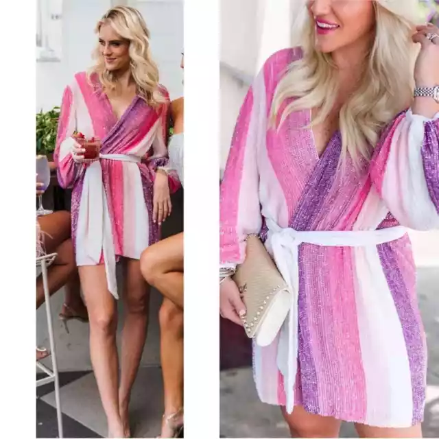 NWT Retrofete Pink and Purple Striped Gabrielle Sequin Robe Mini Dress Size S