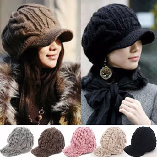 Brim Knit Crochet Cap Warm Winter Lady Ski Beanie Wool Hat Women Korean Peaked