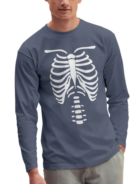 Mens Garment Dyed Skeleton Body Halloween Graphic Long Sleeve T Shirt