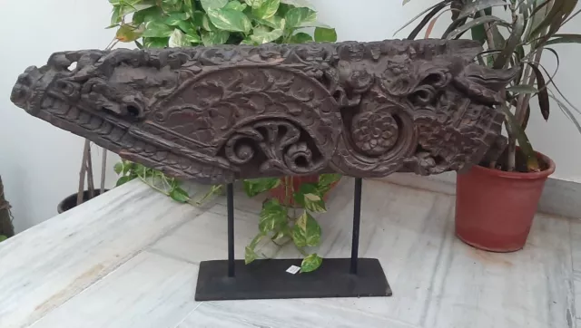 Antique Wooden Panel With Iron Stand Floral Carved Old Plaque Heavy Furniture