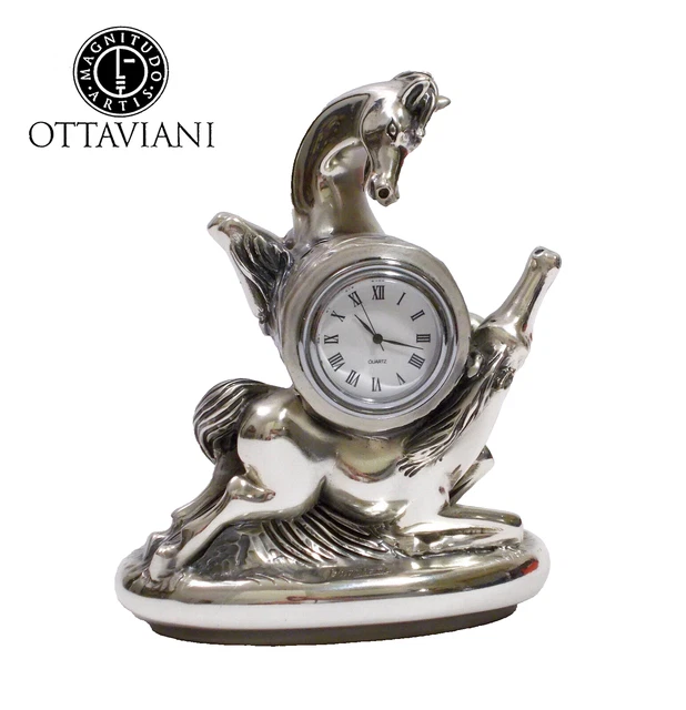 Ottaviani - Orologio Da Tavolo Scultura Cavalli Laminati In Argento