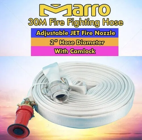Marro Fire Fighting Hose - 30M 2" Lay Flat Canvas Camlock Adjustable Nozzle
