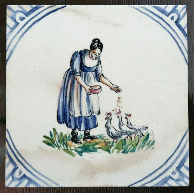 Vintage PILKINGTON Hand Painted TILE 6" x 6" - Woman Feeding Chickens, ENGLAND