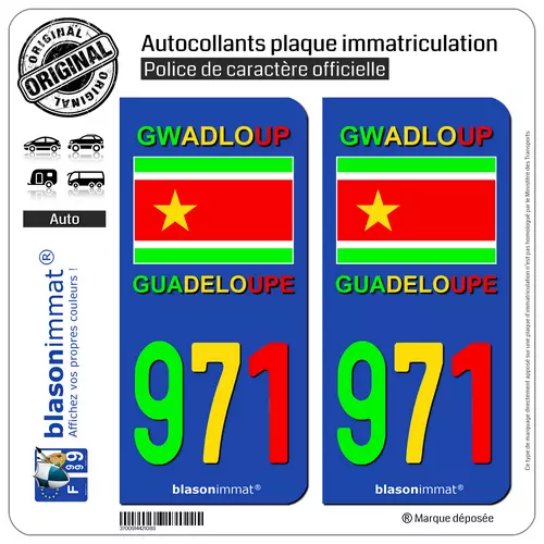 2 Sticker autocollant plaque auto | 971 Guadeloupe - VJR Drapeau Indépendantiste