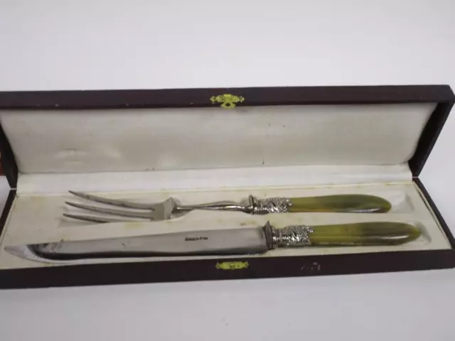 Altes Vorlegebesteck mit Horngriffen, Fleischgabel und Messer + OVP 1R9041 Altes Vorlegebesteck mit Horngriffen, Fleischgabel und Messer + OVP 1R9041