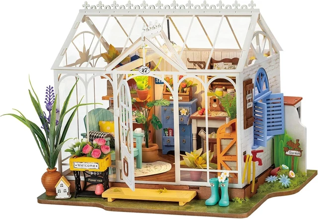 Robotime Diy Miniature House Kit Mini Green House Tiny Dollhouse Wooden Furniture Kit With Led Halloween/Christmas/Birthday Gifts For Adults (Cathy'S Greenhouse)