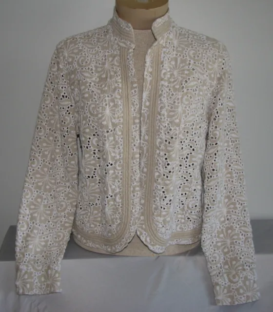 Chico's Women's Beige Eyelet Embroidery Linen Rayon Open Jacket size 1 / 6-8