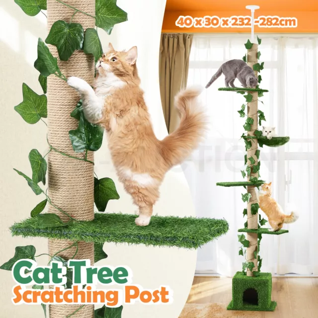 5 Level Cat Tree Tower Sisal Scratching Post Floor to Ceiling 232cm to 282cm