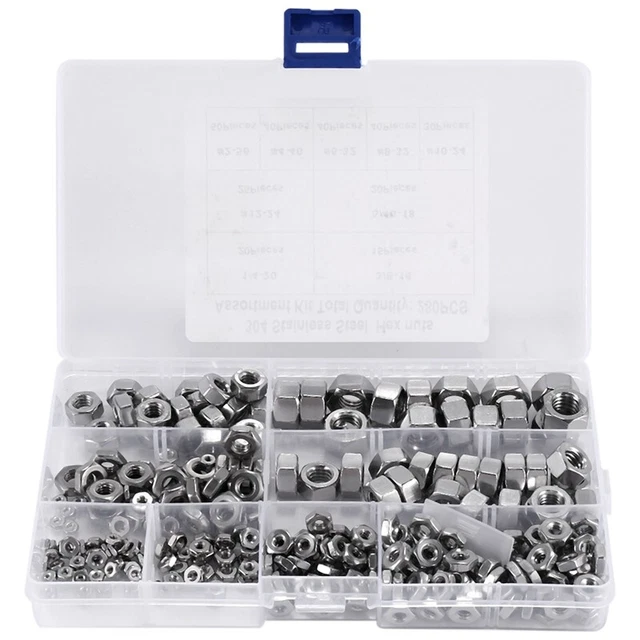 Stainless Steel Nuts 2-56 to 3/8inch-16 UNC Hex Nuts Assortment Kit for7918