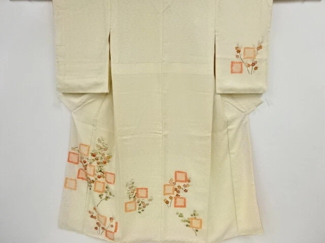 44968# Japanese Kimono / Antique Kimono / Shibori / Embroidery / Kiku & Grid