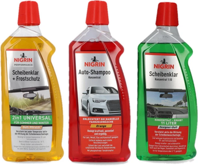 Set combinato Nigrin cura vetri 1 x antigelo, 1 x trasparente, 1 x shampoo