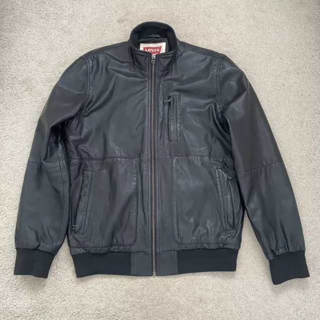 Levis Mens Black Goat Leather Biker Bomber Jacket - Mens Size Small - Excellent