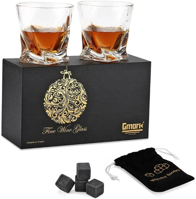 Gmark Twist Design Whiskey Glasses Set of 2, w/4 Granite Chilling Whisky Stones