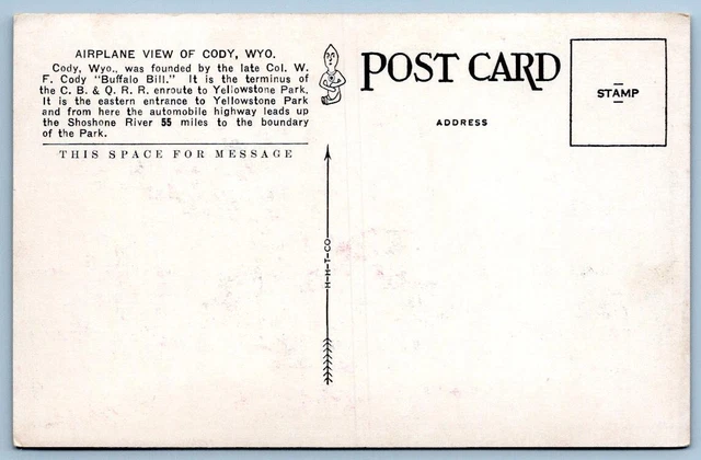 1920's CODY WYOMING AIRPLANE VIEW AERIAL BIRD'S EYE VIEW ANTIQUE POSTCARD 2