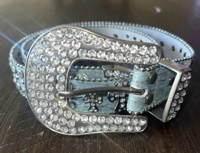 Womens Rhinestone Belt Bling Crystal genuine Leather Western Cowgirl  S/M