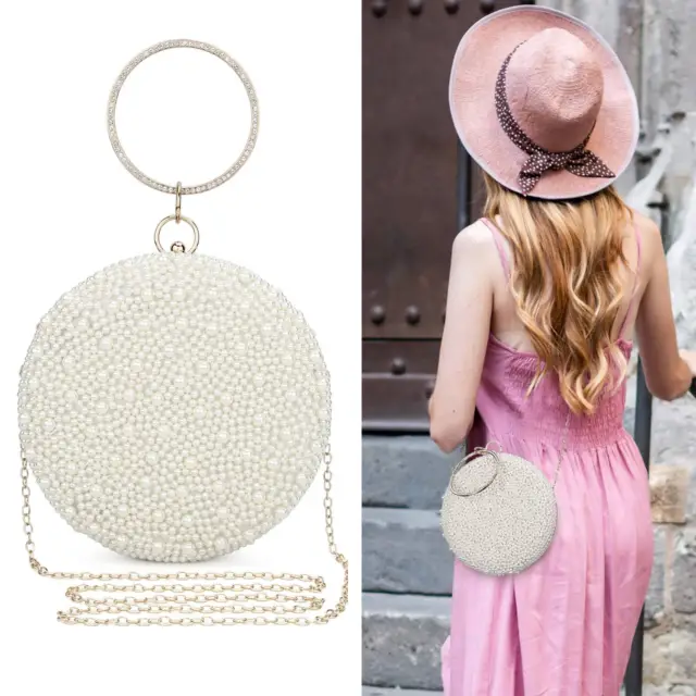 Women Evening Clutch Bag Ladies Round Pearl Handbag Bridal Prom Wedding Party