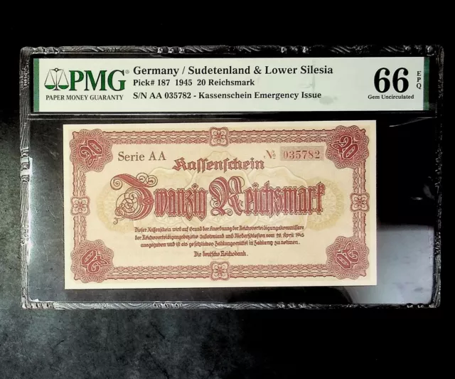 1945 Germany  Sudetenland 20 Reichsmark Banknote PMG 66 UNC exceptional paper