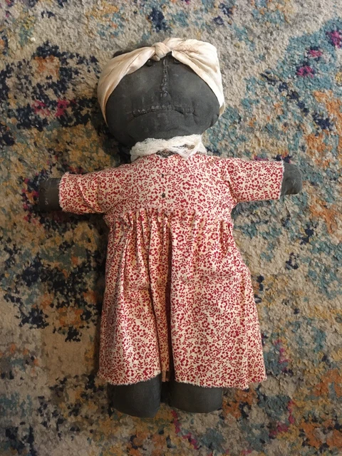 Primitive Antique Hand-sewn "Mamie" Black Cloth Doll 19th Century Pre Civil War
