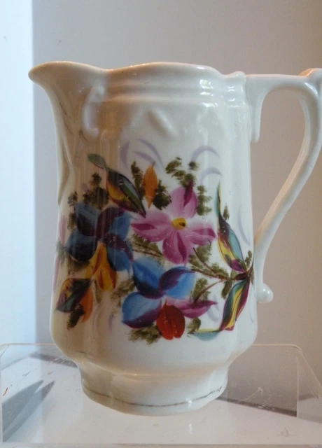ccz326 19th c ANTIQUE PITCHER, PORCELAIN, HAND PAINTED FLOWERS