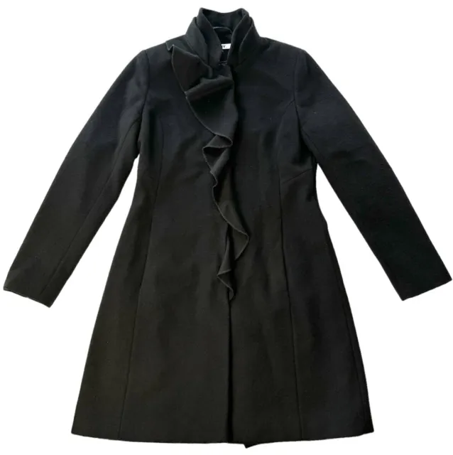 DKNY Walker Coat Womens size 2 Black Ruffle Wool Blend Stand Up Collar Overcoat