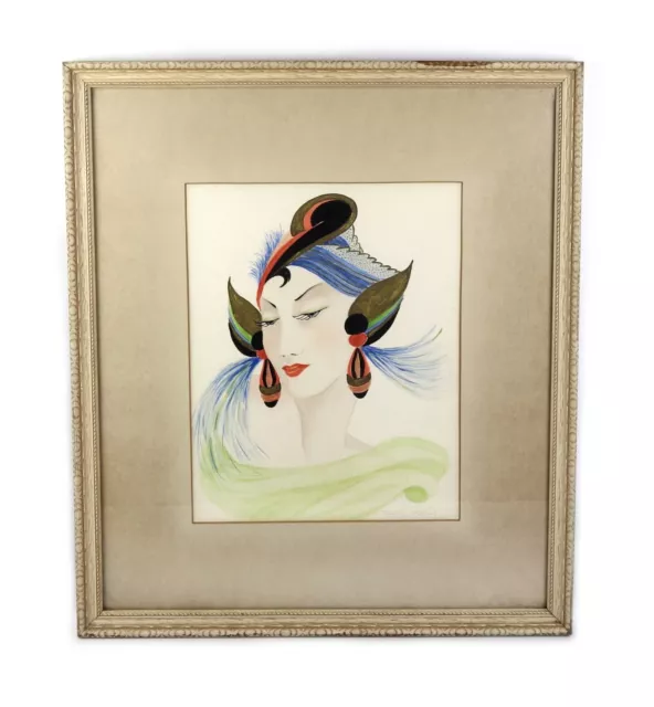 Antique 1930's Art Nouveau Deco Watercolor Painting of Beautiful Woman Signed