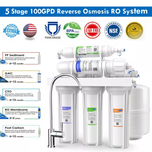 5 Stage Reverse Osmosis Drinking Water Filter RO System Water Purifier 100GPD