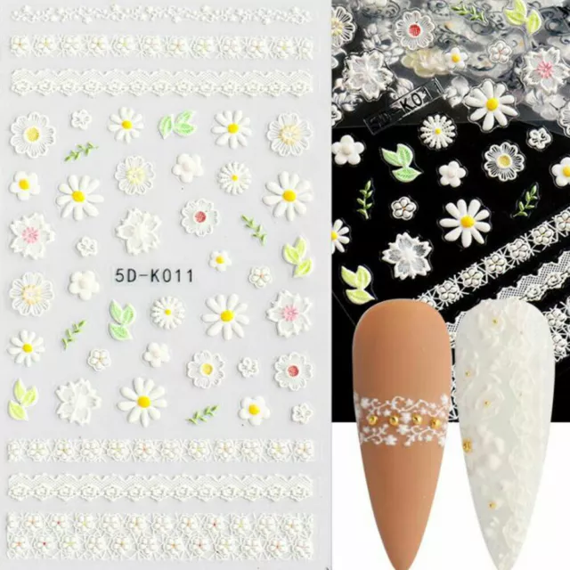 Wedding 5D Nail Stickers Embossed Daisy Flower Bride Decals Nail Art Decoration