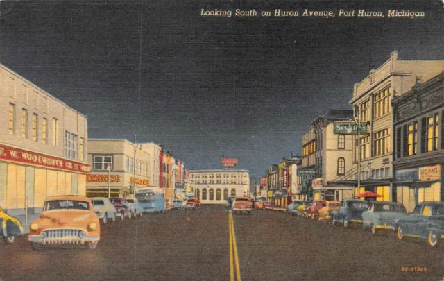 Huron Ave Looking South Vtg Cars Street Scene Port Huron,MI Vtg 1940's Postcard