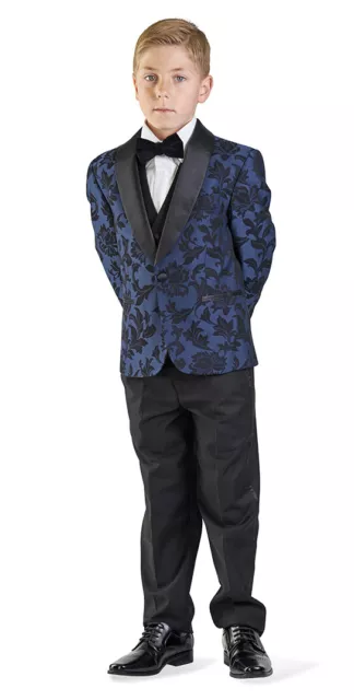Boys Navy Floral Tuxedo Suit 5 Piece Set Shawl Kids Formal Dress AZARMAN 1714