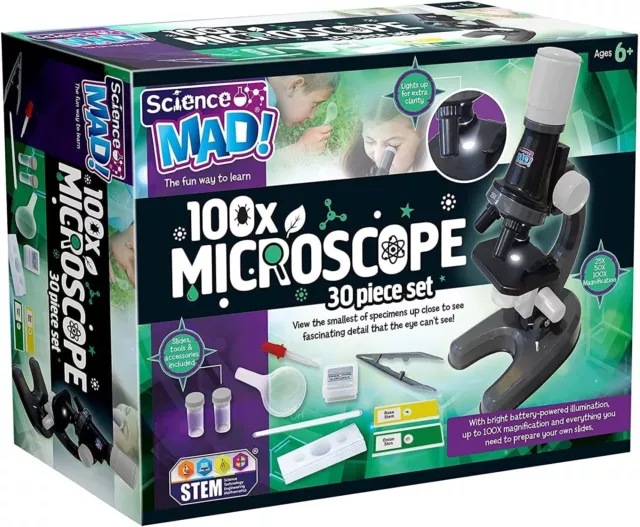 Science Mad 100x Microscope For Kids - Learn How To Magnify With Fun - 6+ Years