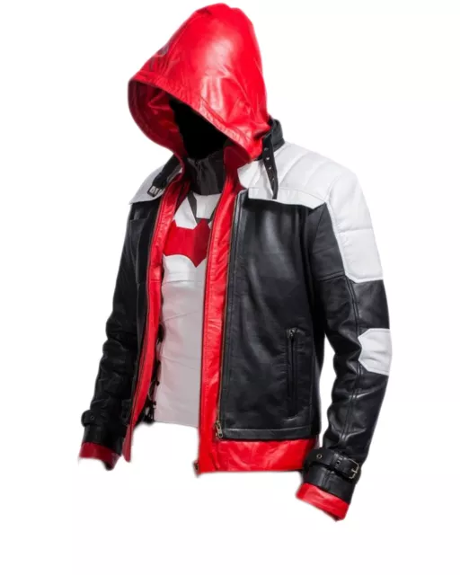 Rouge Capuche Batman Arkham Chevalier 100% Véritable Cuir Veste (Veste Pas 3