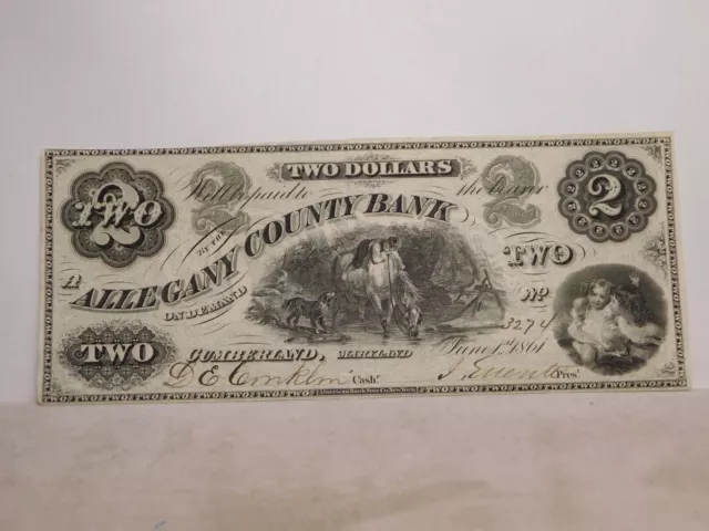 1861 $2.00 Allegany County Bank, Cumberland, Maryland obsolete bank note